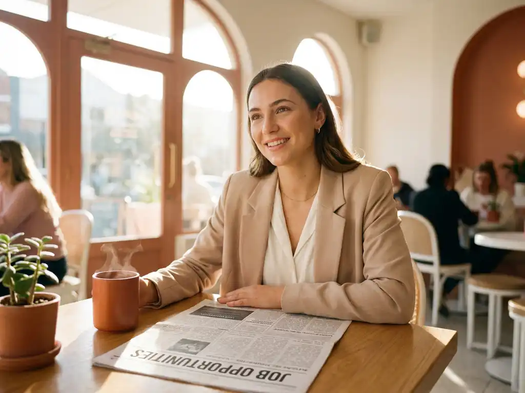 Junge Frau liest Stellenanzeige in hellem Café, Kaffeetasse daneben, warmes Sonnenlicht durch große Fenster.