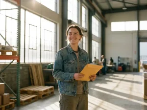 Lächelnder junger Arbeiter hält Gehaltsumschlag in hellem Industrielager mit warmem Sonnenlicht.