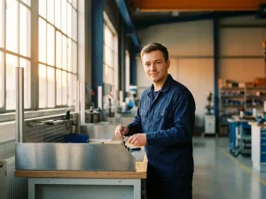 Junger Facharbeiter im Arbeitshemd arbeitet präzise an modernem Industriearbeitsplatz mit warmem Sonnenlicht.