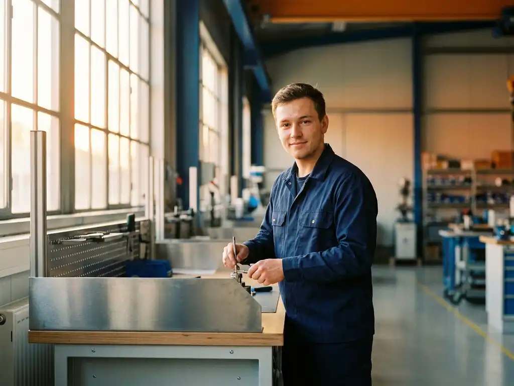 Junger Facharbeiter im Arbeitshemd arbeitet präzise an modernem Industriearbeitsplatz mit warmem Sonnenlicht.