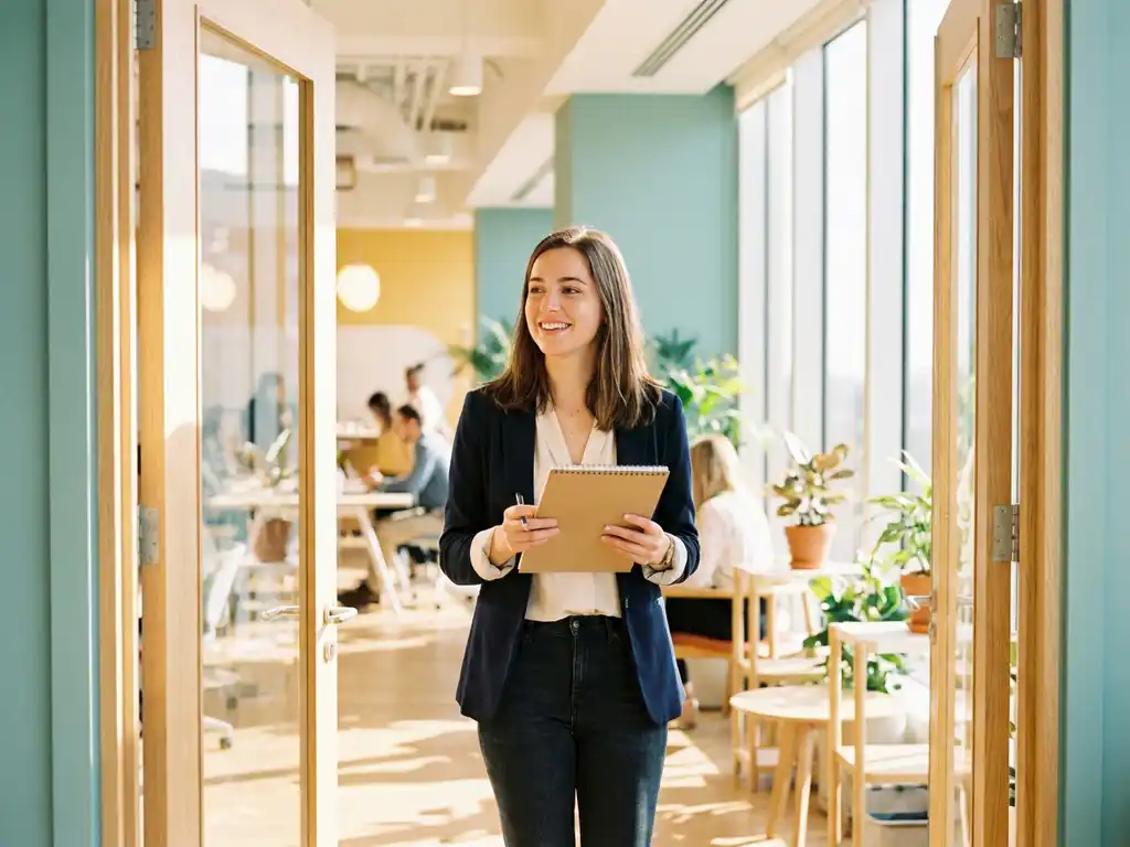 Junger Berufstätiger betritt selbstbewusst ein modernes Büro, Notizbuch in der Hand, warmes Sonnenlicht durch Panoramafenster.