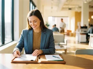 Junger Berufstätiger ordnet Leder-Portfolio auf modernem Schreibtisch mit Notizbuch und Stift im sonnendurchfluteten Büro.