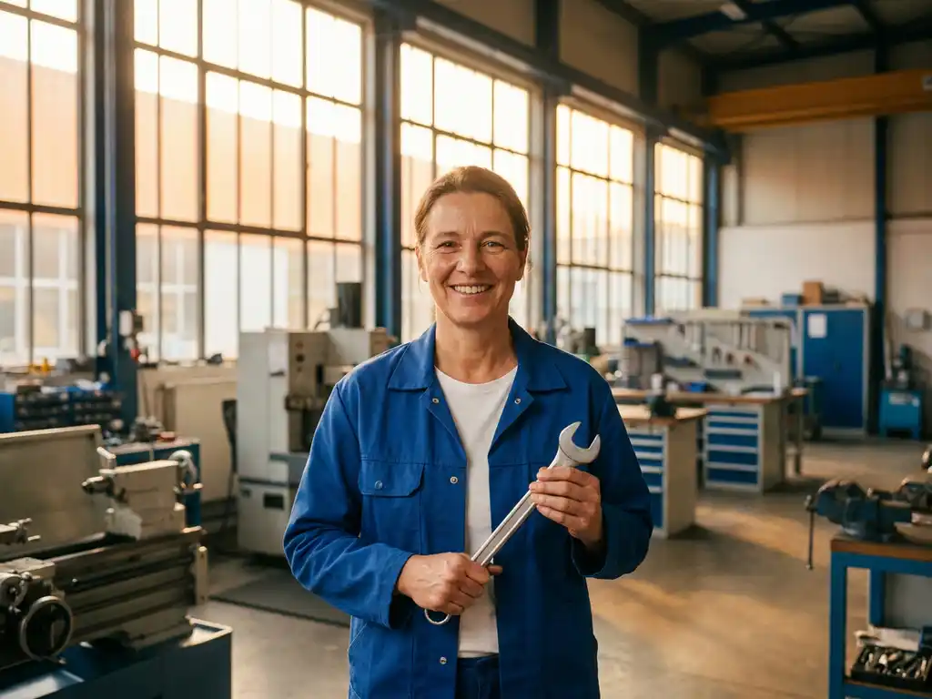 Quereinsteiger in sauberer Arbeitskleidung hält neuen Schraubenschlüssel in moderner, hell erleuchteter Industriewerkstatt.