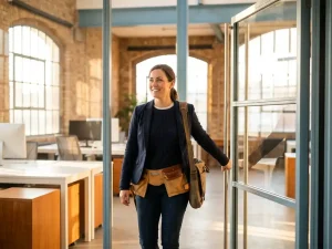 Fachkraft in smarter Freizeitkleidung mit Werkzeuggürtel und Laptoptasche tritt durch eine helle Tür in einen modernen Industriearbeitsraum.