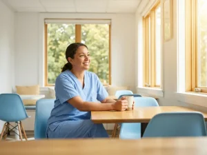 Krankenpflegerin in hellblauen Scrubs hält Kaffeetasse im modernen Pausenraum mit warmem Morgenlicht.