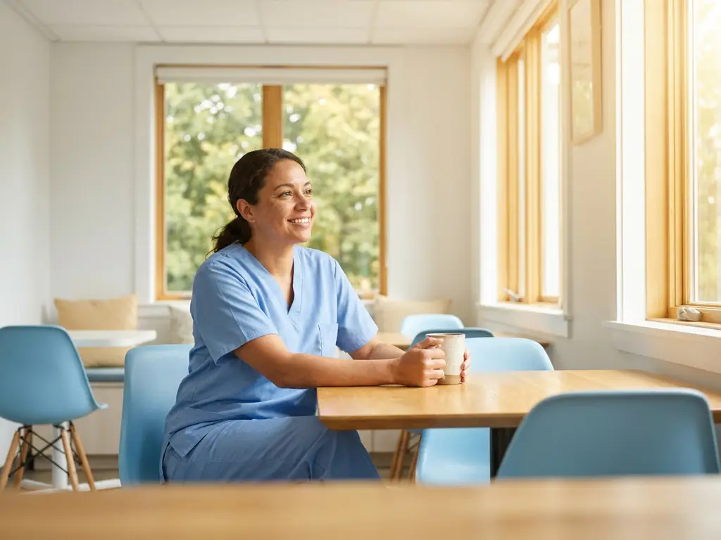 Krankenpflegerin in hellblauen Scrubs hält Kaffeetasse im modernen Pausenraum mit warmem Morgenlicht.