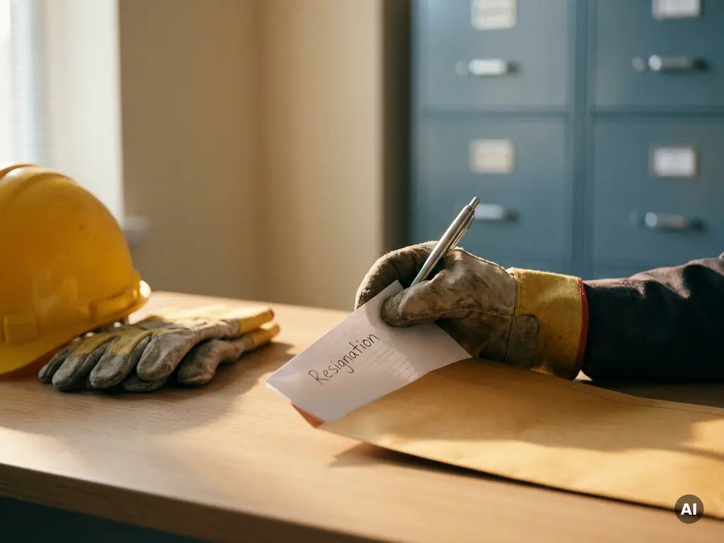 Arbeiterhand legt unterzeichnetes Kündigungsschreiben in Umschlag, Schutzhelm und Arbeitshandschuhe auf Schreibtisch im Hintergrund.