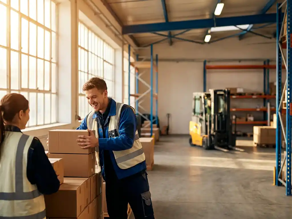 Junger Lagerarbeiter stapelt lächelnd Kartons mit einem Kollegen in einem hellen Logistikzentrum mit Gabelstaplern im Hintergrund.