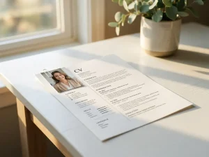 Gedruckter Lebenslauf mit aufgehefteter Bewerbungsfoto auf weißem Schreibtisch, natürliches Seitenlicht, unscharfe Zimmerpflanze im Hintergrund.