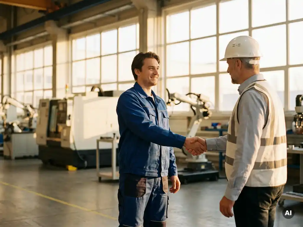 Zeitarbeiter in blauer Arbeitsuniform gibt Fabrikleiter mit Schutzhelm die Hand in moderner Produktionshalle.