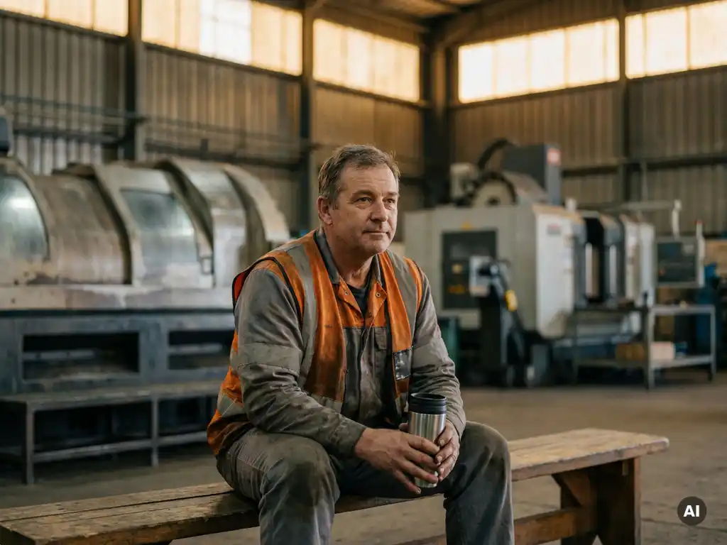 Zeitarbeiter in Sicherheitsweste sitzt auf einer Werkbank in einer Fabrikhalle und hält einen Thermobecher in der Pause.