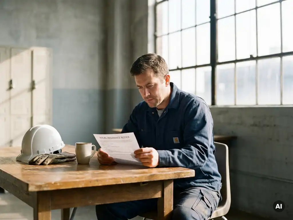 Zeitarbeiter in blauer Arbeitsuniform liest Sozialversicherungsdokument, Schutzhelm und Arbeitshandschuhe auf dem Tisch, Fabrikfenster im Hintergrund.