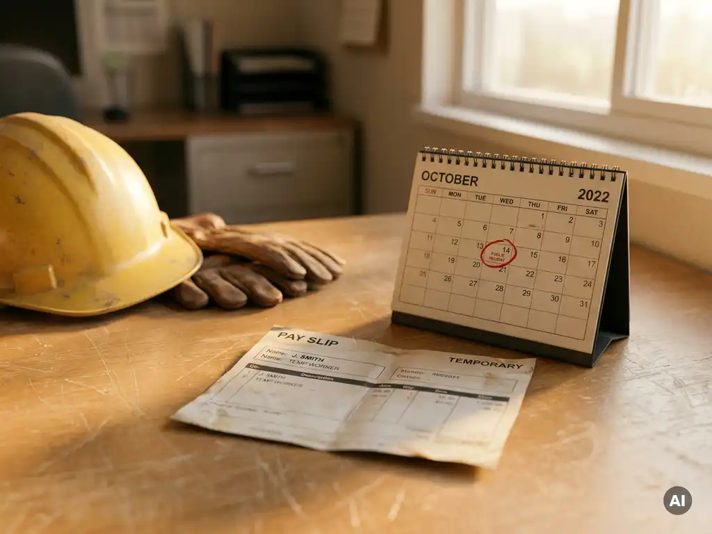 Lohnabrechnung eines Zeitarbeiters auf Holzschreibtisch, daneben Kalender mit rot markiertem Feiertag, Schutzhelm und Arbeitshandschuhe.