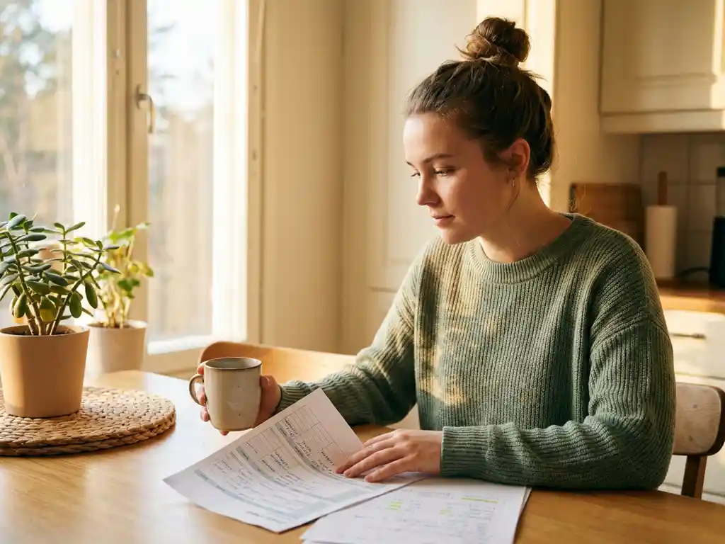 Berufstätige Mutter am Küchentisch beim Durchsehen eines Arbeitsplans, Kaffeetasse daneben, warmes Morgenlicht.