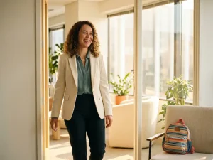 Junge Frau in Business-Casual-Kleidung betritt selbstbewusst ein modernes Büro, bunter Kinderrucksack auf einem Stuhl daneben.