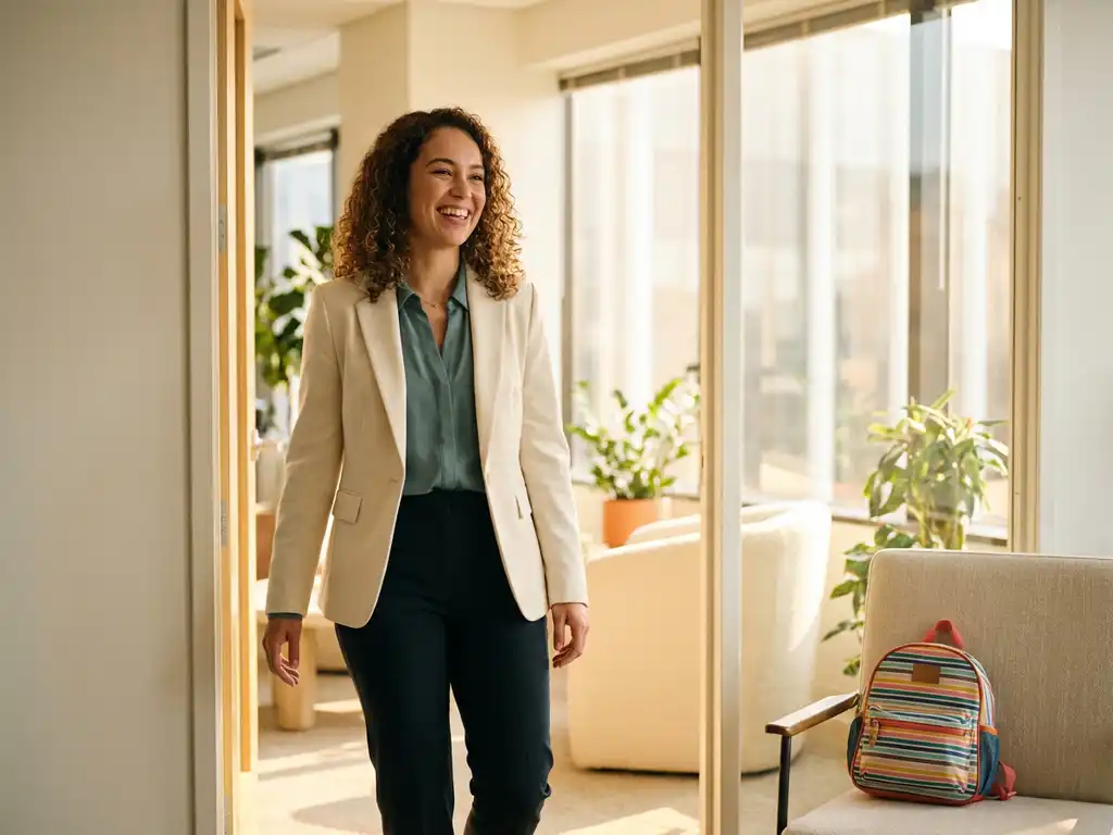 Junge Frau in Business-Casual-Kleidung betritt selbstbewusst ein modernes Büro, bunter Kinderrucksack auf einem Stuhl daneben.