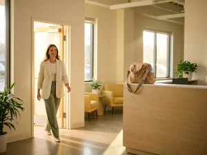 Junge Berufstätige betritt selbstbewusst ein modernes Büro, Wickeltasche auf dem Empfangstresen, warmes Sonnenlicht durch große Fenster.