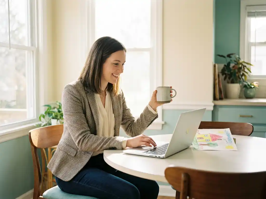 Junge Frau im Home-Office am Küchentisch mit Laptop, Kinderbild und Kaffeetasse im warmen Morgenlicht.