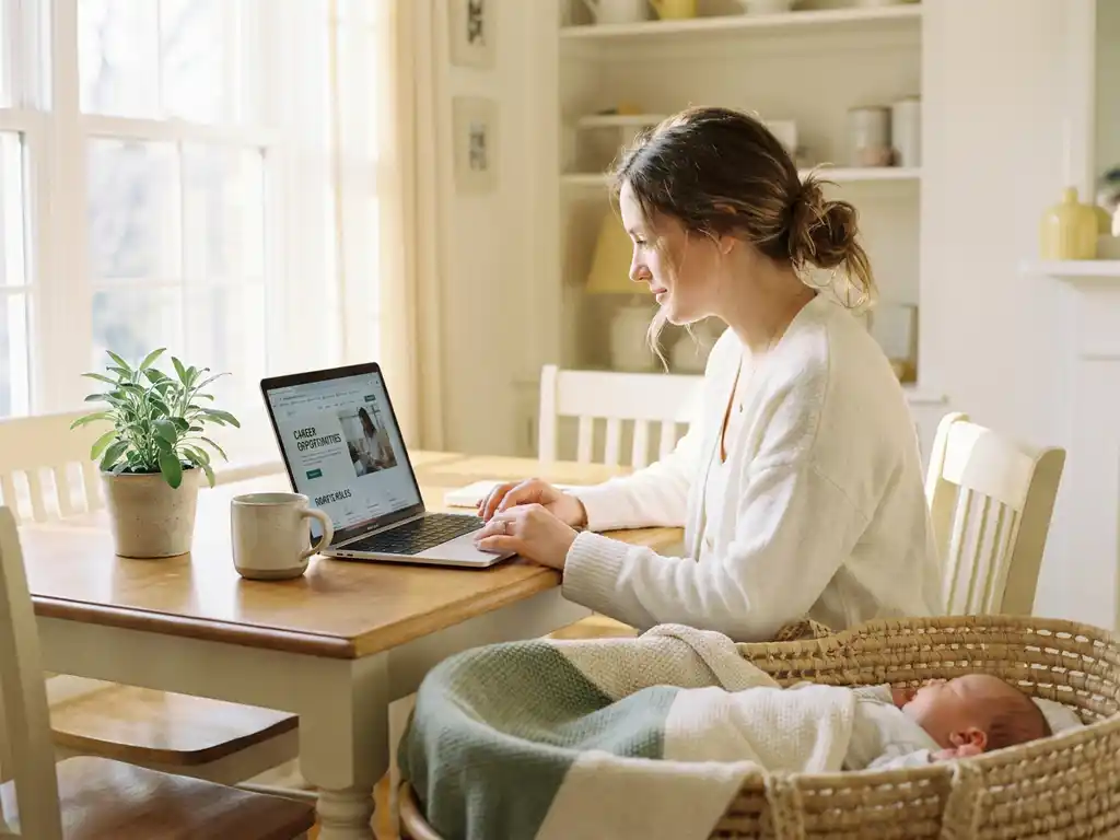 Junge Mutter am Küchentisch mit Laptop beim Jobsuchen, schlafendes Baby im Beistellbett, warmes Sonnenlicht.
