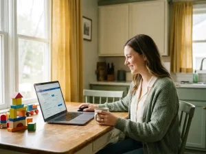 Junge Mutter in Alltagskleidung recherchiert Stellenangebote am Laptop in sonniger Küche, buntes Kinderspielzeug im Vordergrund.
