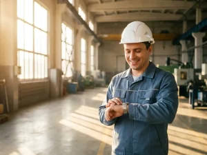 Lächelnder Schichtarbeiter in weißer Arbeitsuniform prüft Armbanduhr auf beleuchtetem Fabrikboden im Morgenlicht.