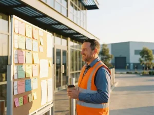 Lächelnder Arbeiter in orangefarbener Sicherheitsweste prüft Schichtplan-Tafel vor moderner Industrieanlage im Morgenlicht.