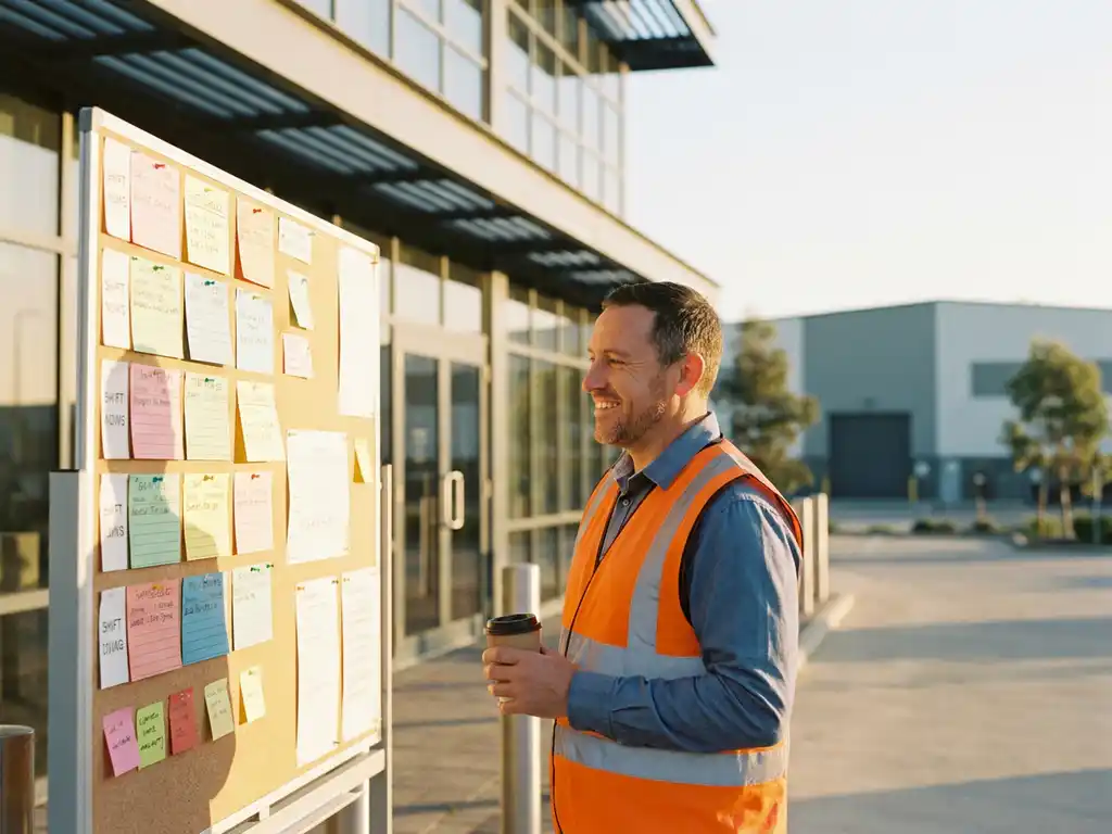 Lächelnder Arbeiter in orangefarbener Sicherheitsweste prüft Schichtplan-Tafel vor moderner Industrieanlage im Morgenlicht.