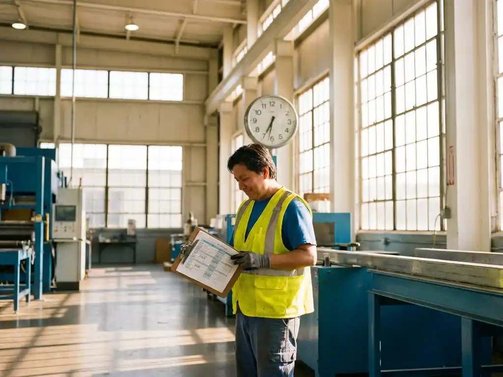 Fabrikarbeiter in gelbem Sicherheitsweste prüft Schichtplan auf Klemmbrett im morgendlichen Sonnenlicht einer Industriehalle.