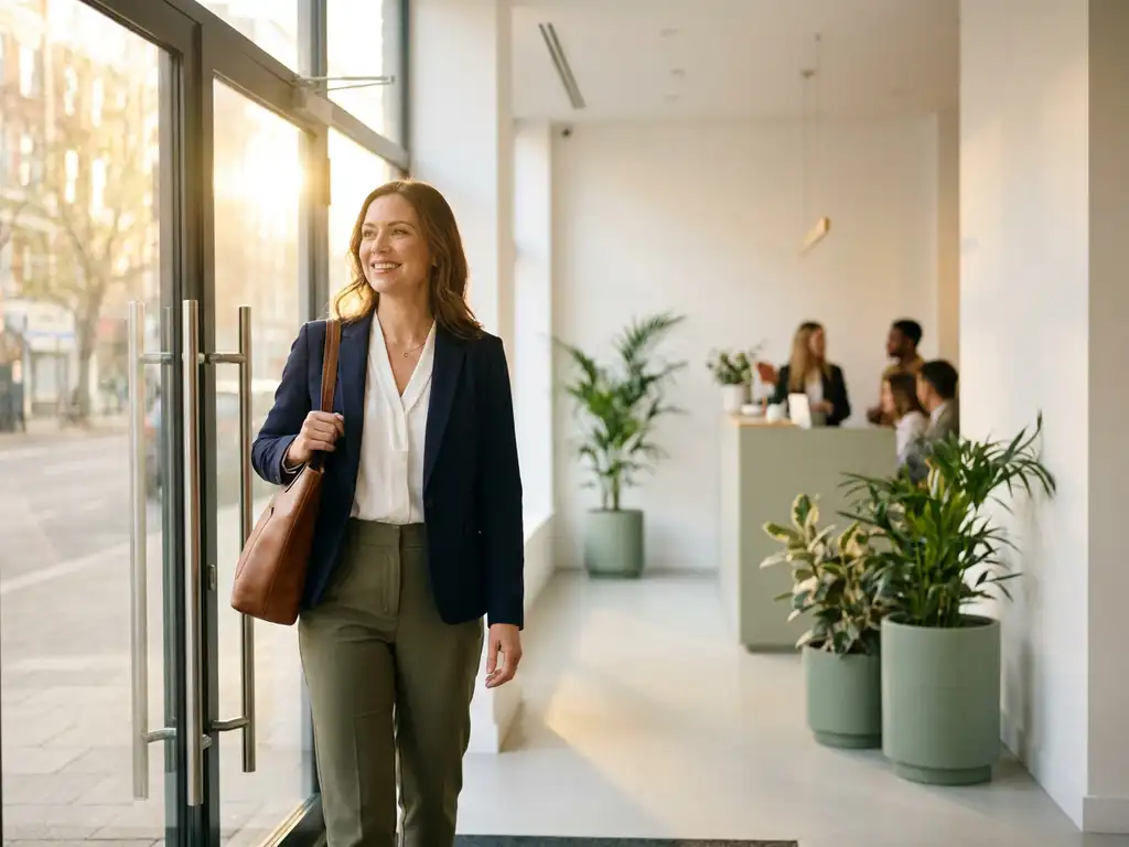 Selbstbewusste Frau in Business-Casual-Outfit betritt sonnendurchflutete Lobby einer modernen Personalvermittlungsagentur mit Pflanzen.