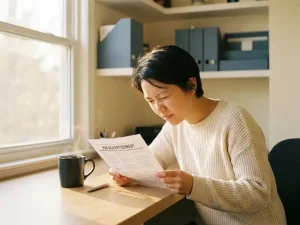 Jobsuchender liest aufmerksam eine gedruckte Stellenanzeige am Holzschreibtisch, Morgensonne, Kaffeetasse und Stift daneben.