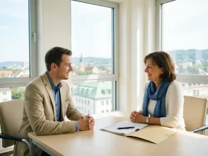 Jobsuchender im Gespräch mit einem Berufsberater an einem modernen Bürotisch mit offenem Ordner, helles Tageslicht durch große Fenster.