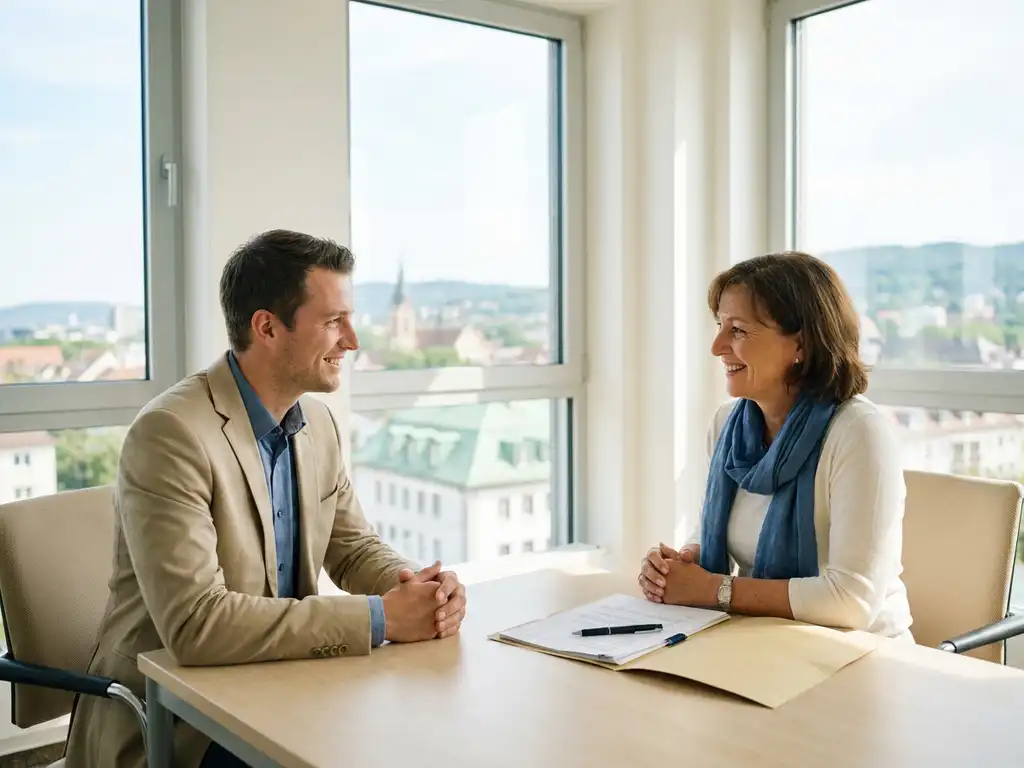 Jobsuchender im Gespräch mit einem Berufsberater an einem modernen Bürotisch mit offenem Ordner, helles Tageslicht durch große Fenster.