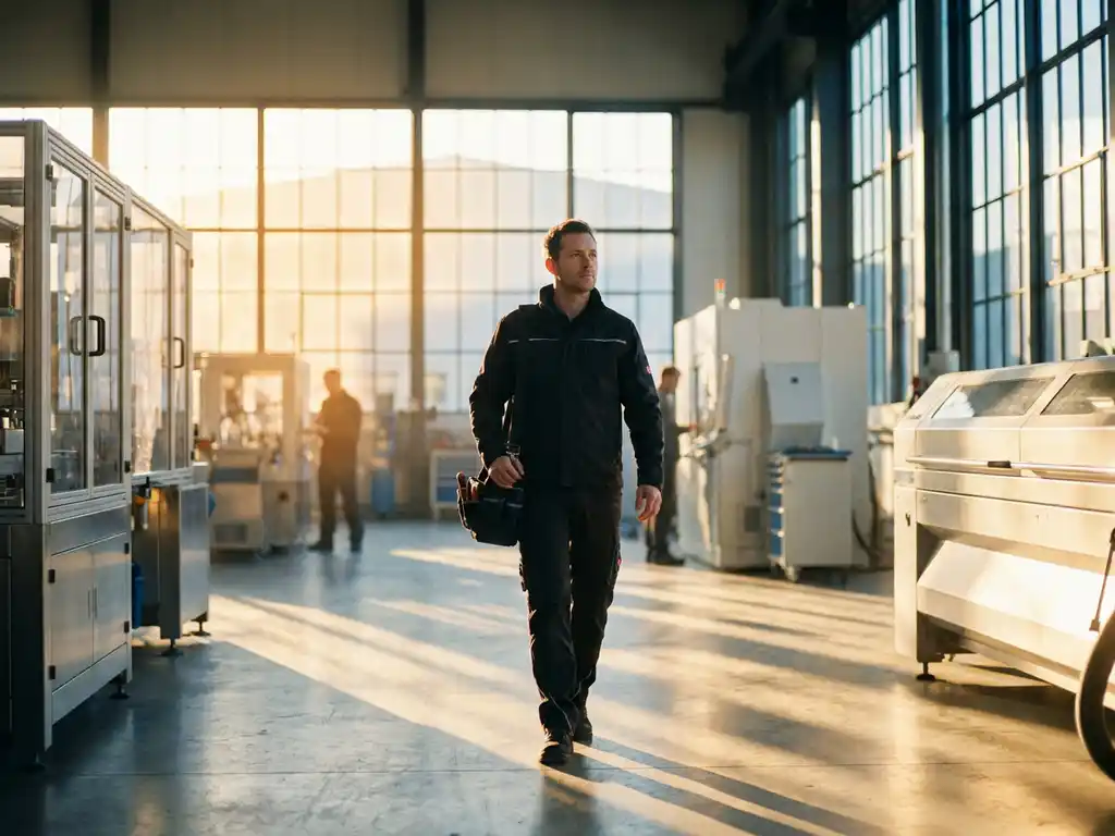 Techniker in sauberer Arbeitskleidung betritt moderne Fabrikhalle im Morgenlicht mit glänzenden Maschinen im Hintergrund.