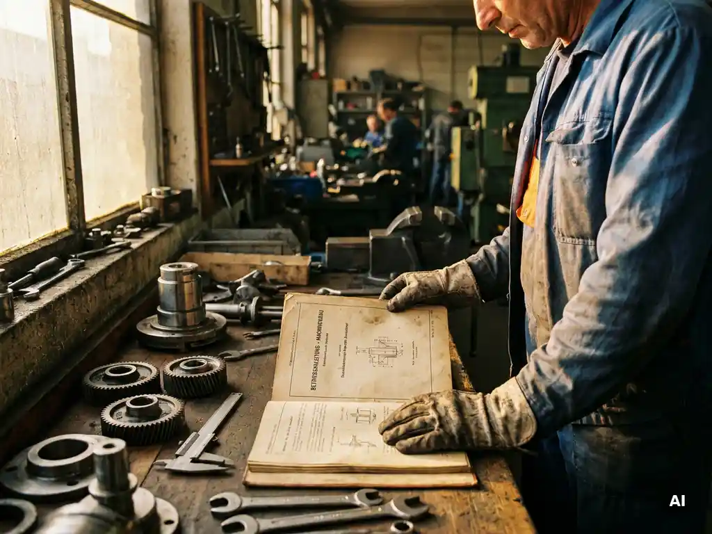 Techniker mit Arbeitshandschuhen liest deutsches technisches Handbuch an Werkbank mit Metallteilen und Präzisionswerkzeug.