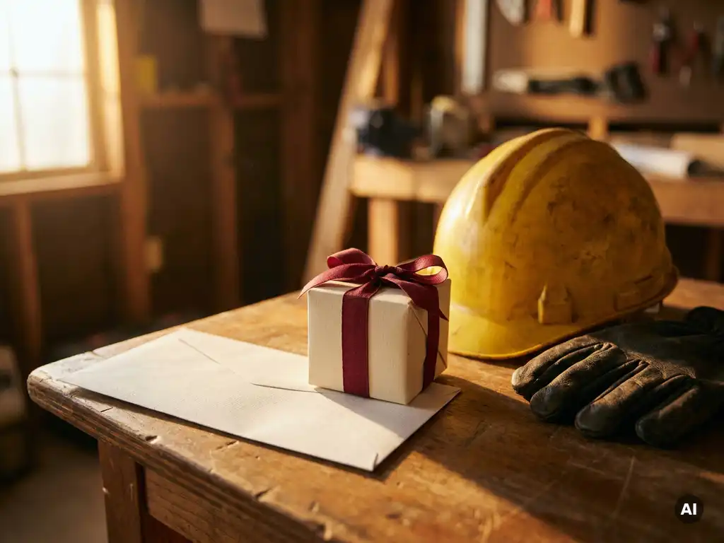 Weißer Lohnumschlag und rot geschleiftes Geschenkpäckchen neben Schutzhelm und Arbeitshandschuhen auf Holzschreibtisch, warmes Seitenlicht.