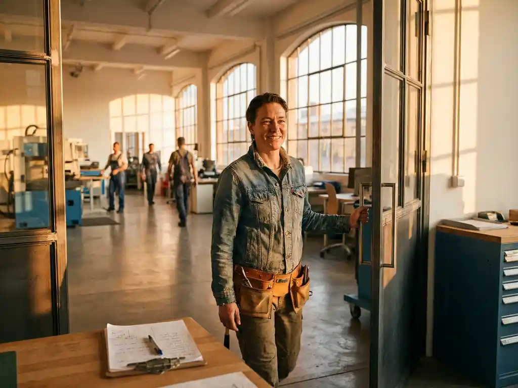 Selbstbewusste Person in Freizeitkleidung betritt moderne Werkstatt, Werkzeuggürtel und Klemmbrett sichtbar, goldenes Abendlicht durch Fabrikfenster.